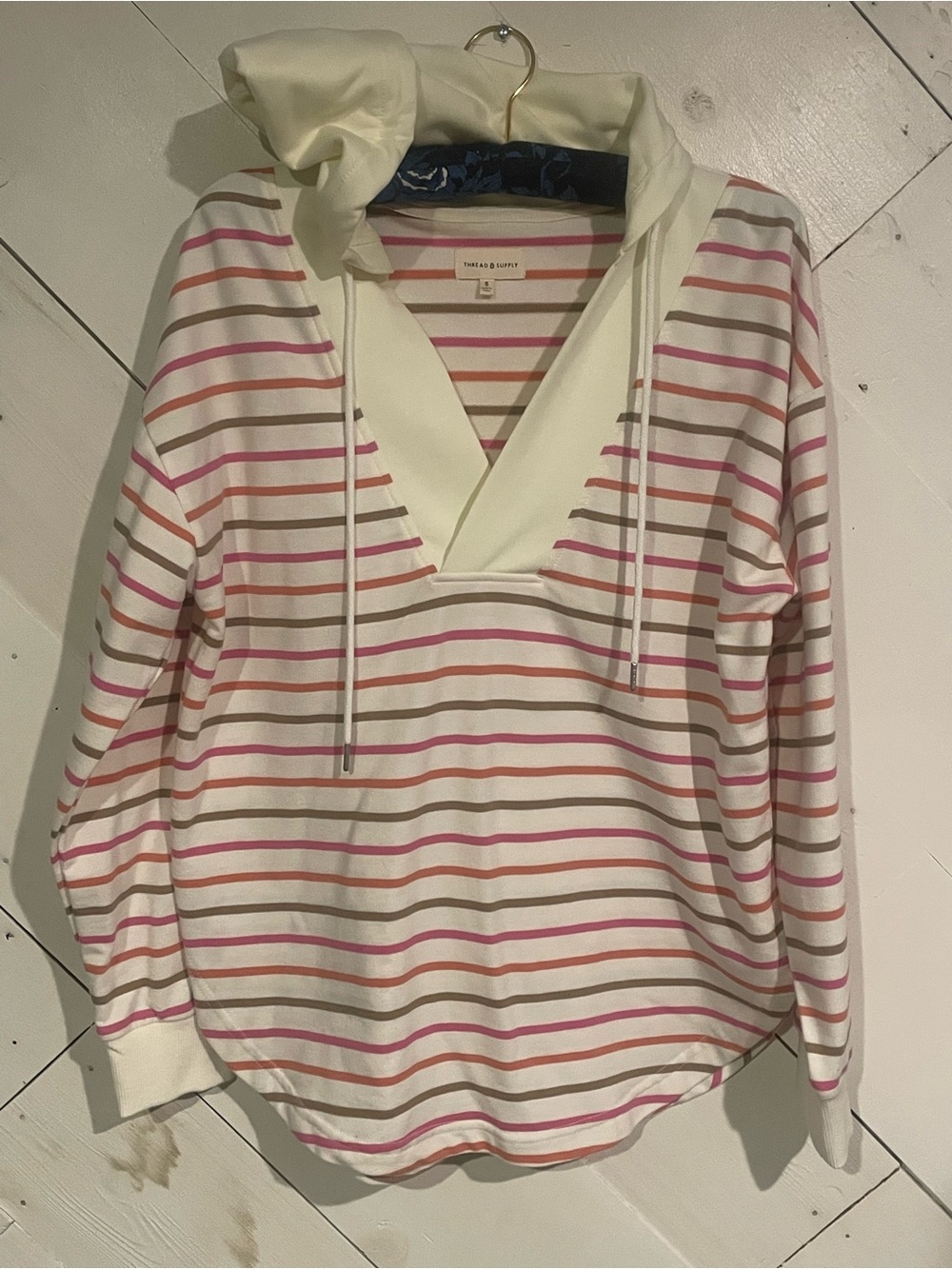NWOT Thread Supply. Striped Hooded Pullover in Cream with Pink & Taupe Stripes